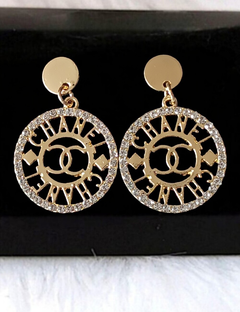 Designer InspiredGold-Tone Round Logo Drop Earrings BNWT